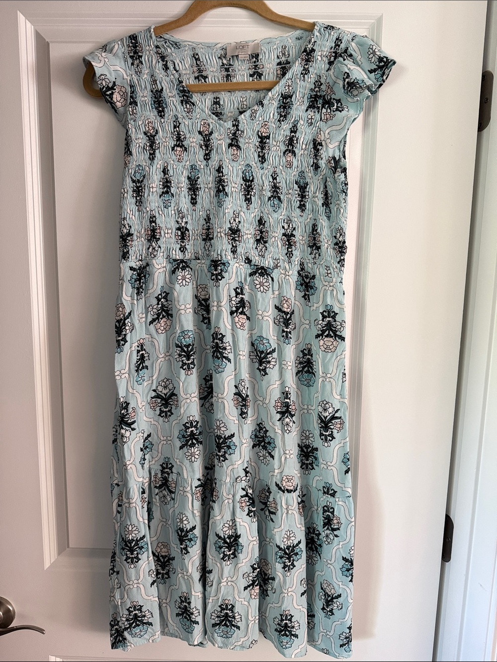 Never Worn! LOFT Mint Blue Floral Smocked Cap-Sleeve Maxi Dress
